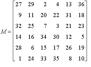 M = matrix([[27, 29, 2, 4, 13, 36], [9, 11, 20, 22, 31, 18], [32, 25, 7, 3, 21, 23], [14, 16, 34, 30, 12, 5], [28, 6, 15, 17, 26, 19], [1, 24, 33, 35, 8, 10]])